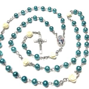 Handmade Teal & Ivory Flower Rosary for Catholic Gift