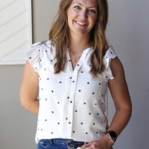 White Polka Dot Ruffle Sleeve Top; S