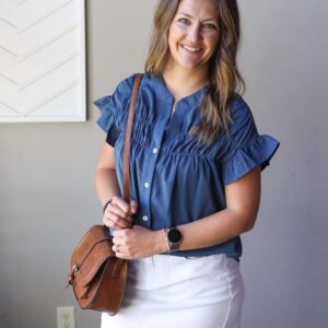 Dark Blue Ruffle Ruched Short Sleeve Button Up