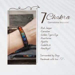 7 Chakra & Onyx wrap bracelet – Natural Bespoke Handmade Jewelry – Earthy Boho Hippie Artisan Gemstone Rainbow Bracelet
