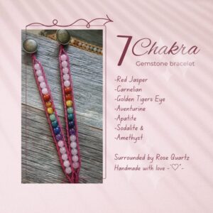 7 Chakra & Rose Quartz wrap bracelet – Natural Bespoke Handmade Jewelry – Earthy Boho Hippie Artisan Gemstone Rainbow Bracelet