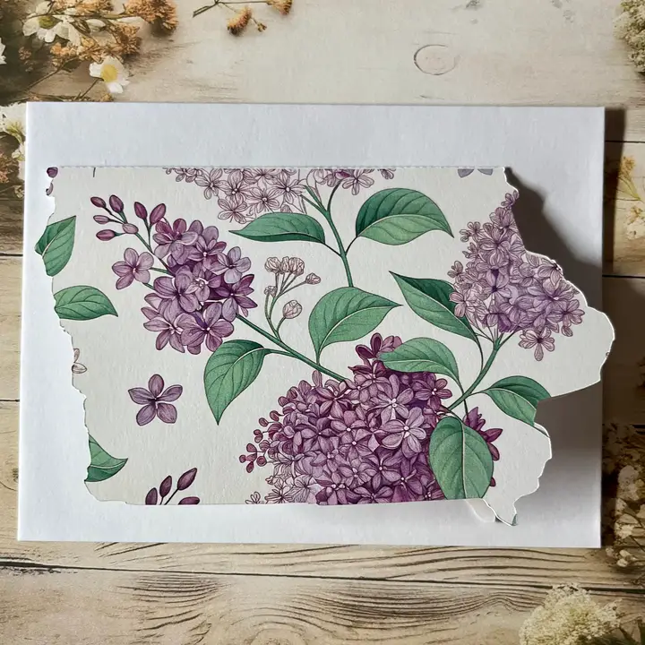 Shop Iowa Iowa Shaped Card with lilac flowers single card Iowa Shaped Card with lilac flowers single card