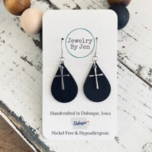 Small Teardrop Earrings: Black w/Cross
