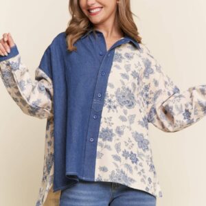 Denim Floral Print Color Block Button Up Top