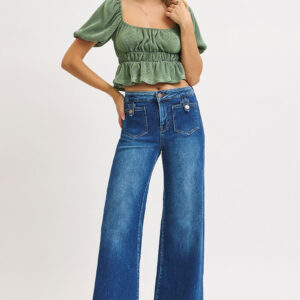 Risen Mid Rise Wide Front Patch Pocket Jeans