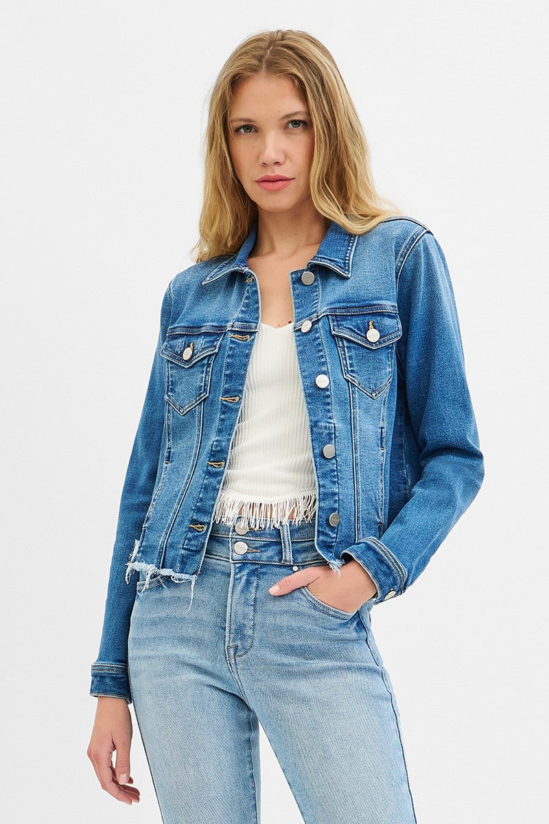 Shop Iowa Risen Fray Hem Western Jean Jacket — Medium Wash with Frayed Rugged Finish (small remains) Risen Fray Hem Western Jean Jacket — Medium Wash with Frayed Rugged Finish (small remains)