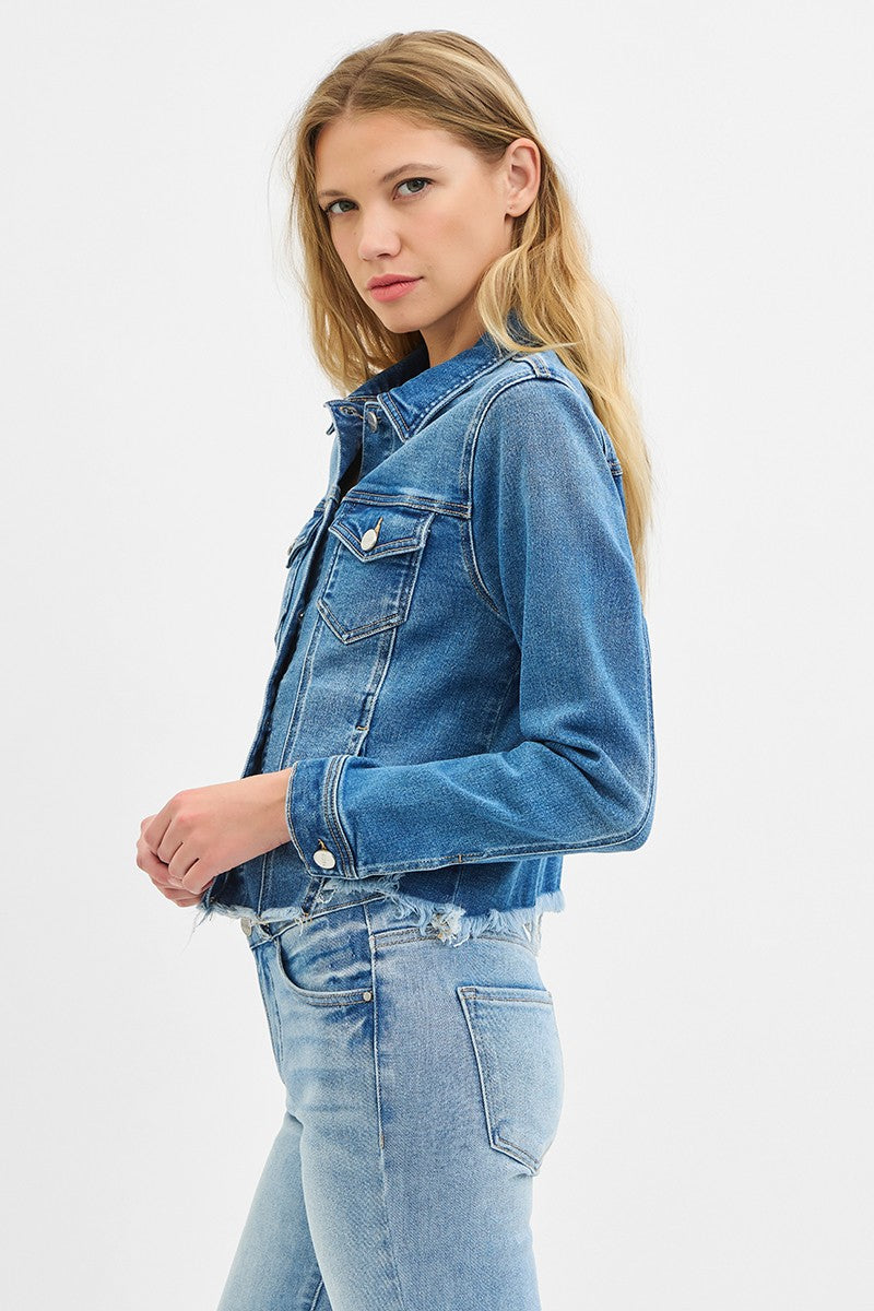Shop Iowa Risen Fray Hem Western Jean Jacket — Medium Wash with Frayed Rugged Finish (small remains) Risen Fray Hem Western Jean Jacket — Medium Wash with Frayed Rugged Finish (small remains)