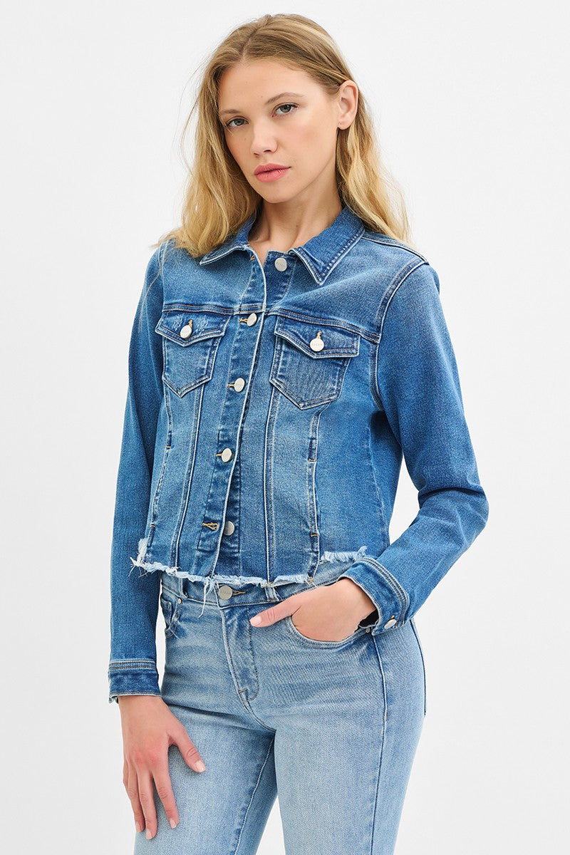 Shop Iowa Risen Fray Hem Western Jean Jacket — Medium Wash with Frayed Rugged Finish (small remains) Risen Fray Hem Western Jean Jacket — Medium Wash with Frayed Rugged Finish (small remains)