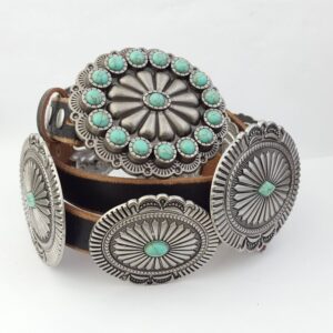 Genuine Distressed Leather Concho Belt with Faux Turquoise