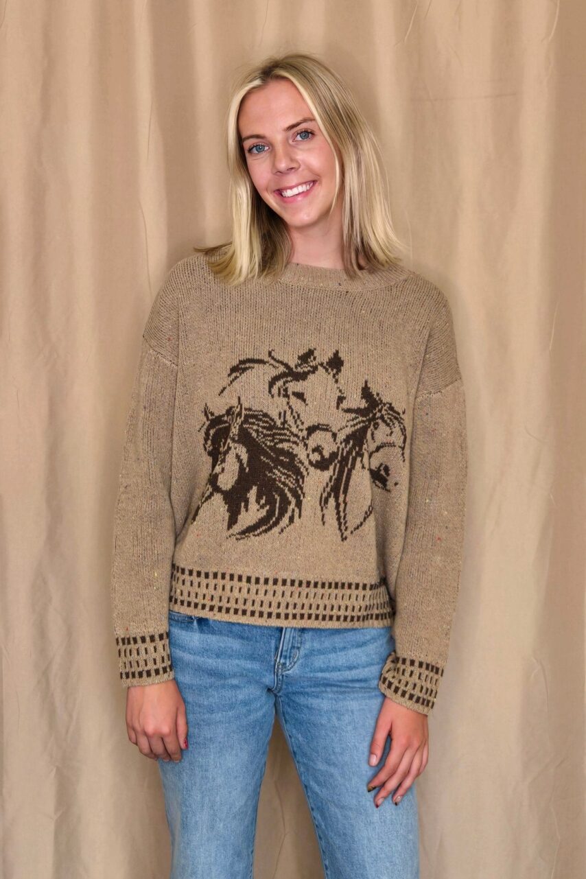 Horse Jacquard Long Long Sleeve Knit Sweater – charcoal medium