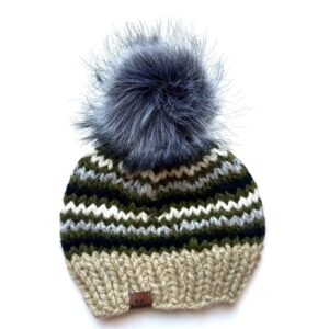 Adult Knit Pom Hat | Tan Striped Winter Beanie
