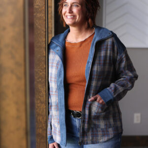 Shop Iowa Blue Plaid Corduroy Patchwork Zip Up Jacket Blue Plaid Corduroy Patchwork Zip Up Jacket