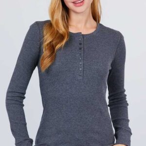 Shop Iowa Long Sleeve Henley Thermal Knit Top: CHARCOAL Long Sleeve Henley Thermal Knit Top: CHARCOAL