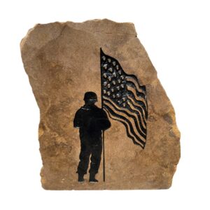 Soldier Holding American Flag Engraved Stone