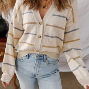 Shop Iowa Casual Striped V Neck Button Cardigan Casual Striped V Neck Button Cardigan