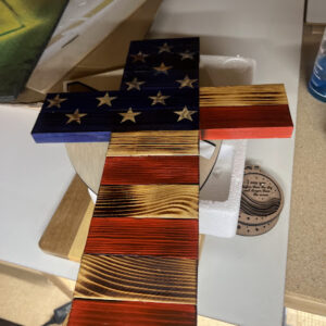 Rustic American Flag Cross Wall Decor | Torch Burned Wooden Patriotic Cross | Handmade in Iowa