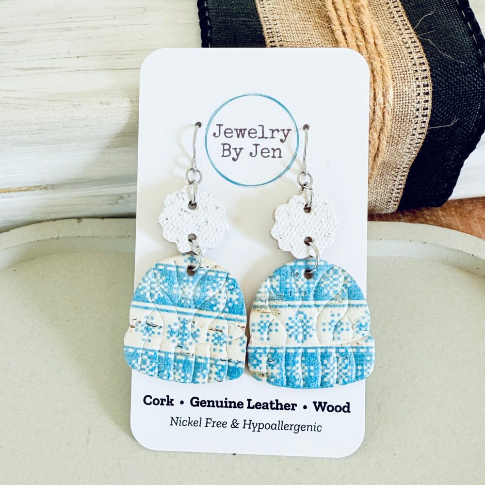 Shop Iowa Winter Hat Earrings: Blue & White Snowflakes Winter Hat Earrings: Blue & White Snowflakes