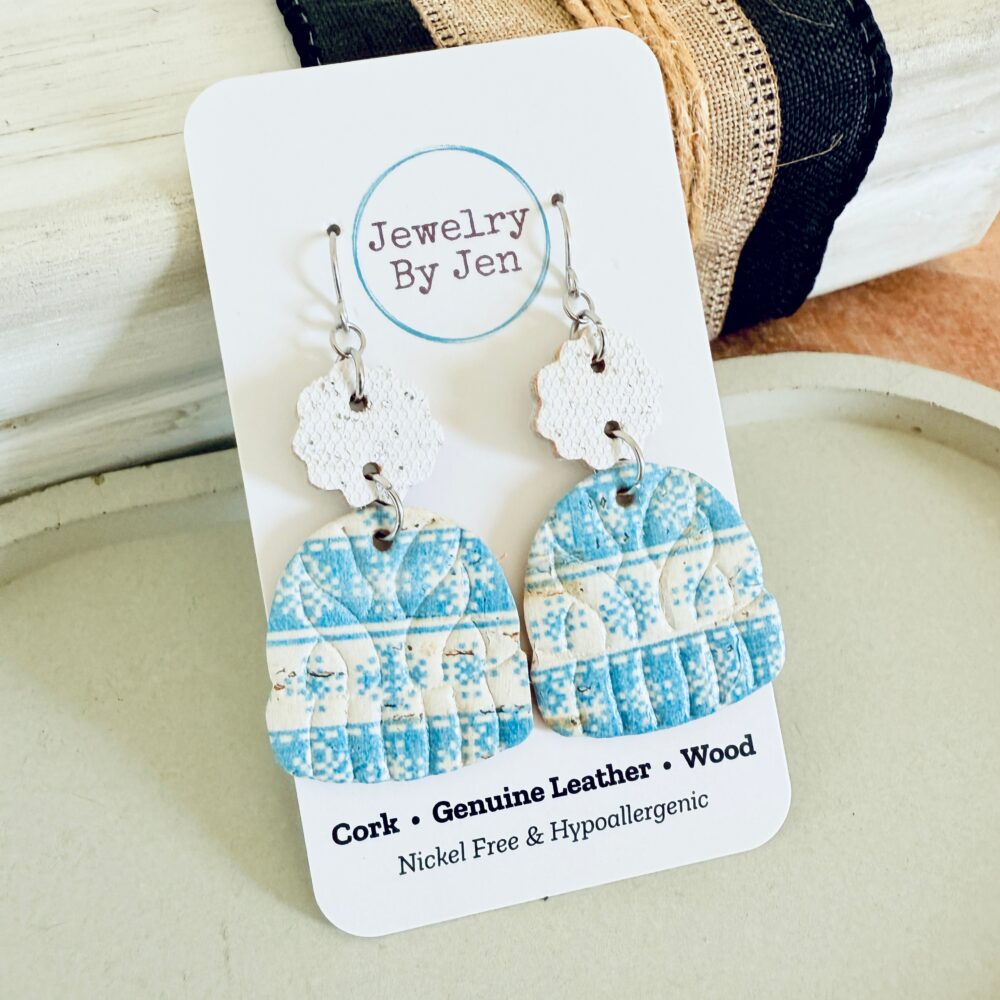 Shop Iowa Winter Hat Earrings: Blue & White Snowflakes Winter Hat Earrings: Blue & White Snowflakes