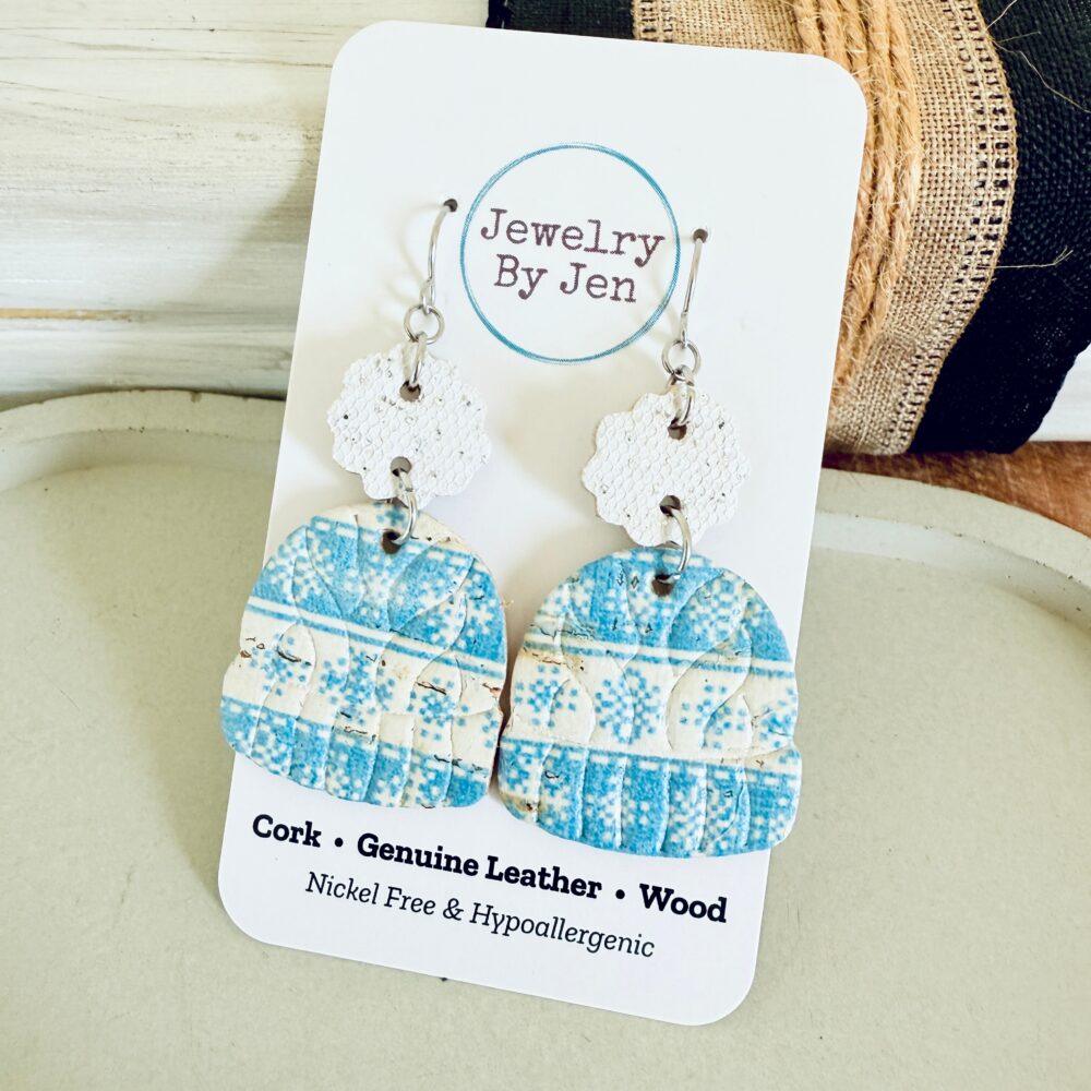 Shop Iowa Winter Hat Earrings: Blue & White Snowflakes Winter Hat Earrings: Blue & White Snowflakes