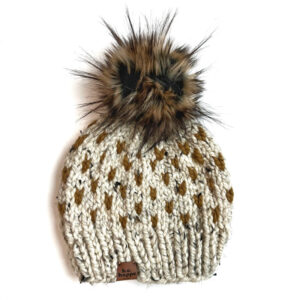 Adult Knit Pom Hat | Flax Brown Heart Beanie