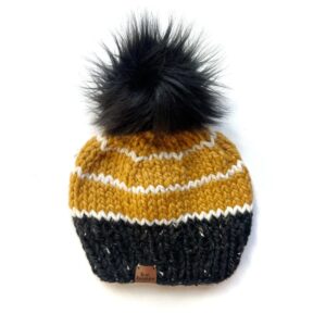 Adult Knit Pom Hat | Black + Yellow Stripe Beanie