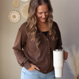 Coffee Button Front V-Neck Sweatshirt Cardigan; S or L