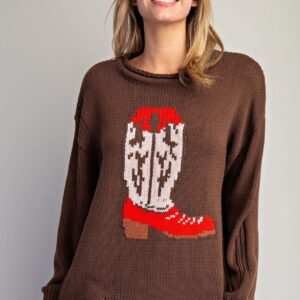 Shop Iowa Style U “Boots” Western Intarsia Sweater — Chestnut Brown with Red Boot Graphic & Distressed Edges Style U “Boots” Western Intarsia Sweater — Chestnut Brown with Red Boot Graphic & Distressed Edges