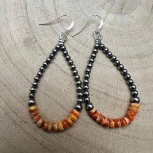 Sterling Pearl & Orange Spiny Oyster Teardrop Earrings — 2.5 inch drop (Made in USA)