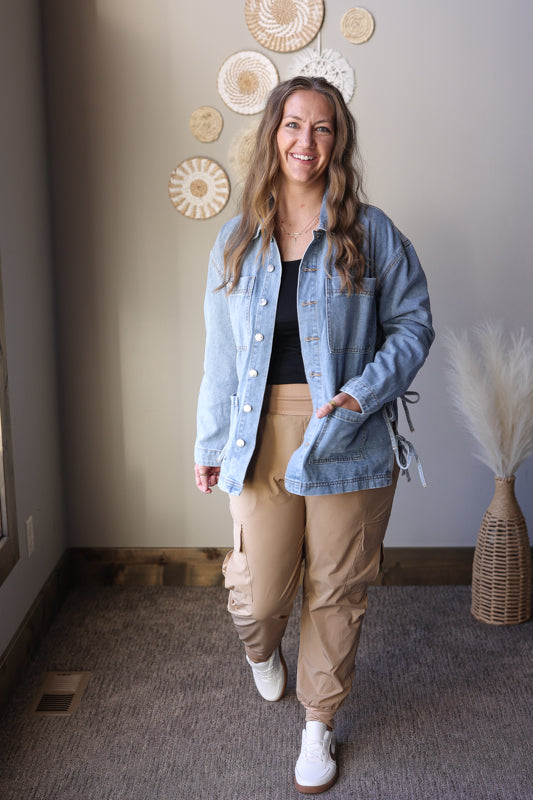 Multi Patch Pocket Side Tie Boyfriend Denim Jacket; XL/2XL PLUS