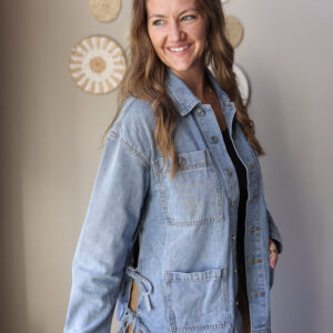 Multi Patch Pocket Side Tie Boyfriend Denim Jacket; XL/2XL PLUS