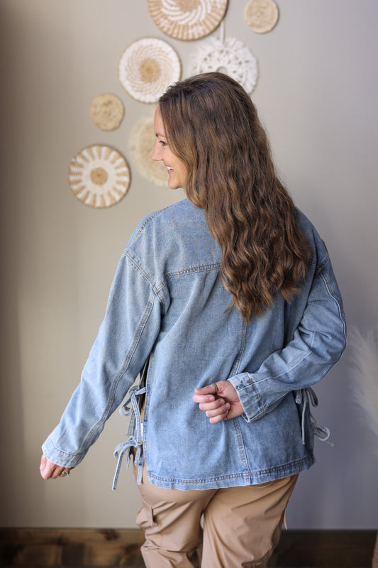 Multi Patch Pocket Side Tie Boyfriend Denim Jacket; XL/2XL PLUS