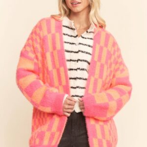 Shop Iowa Pink and Orange Checkered Cardigan Pink and Orange Checkered Cardigan