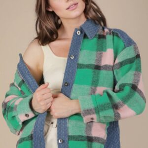 Textured Denim Contrast Plaid Shacket Jacket