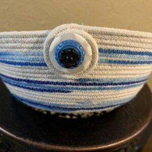 Handcrafted Ivory & Blue Rope Bowl Basket 9″ x 3.25″ Perfect for Keys Makeup Jewelry Remotes Baby Items