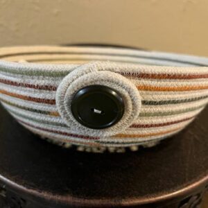 Handmade Rope Bowl Basket in Striped Earth Tones Green Brown Orange 8.5×2.5
