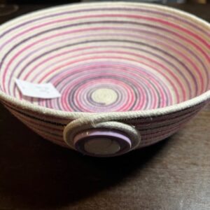Handmade Ivory Rope Basket Bowl with Purple Pink Stripes 4 Remotes Kitchen Gadgets Keys Toys Wallets Makeup