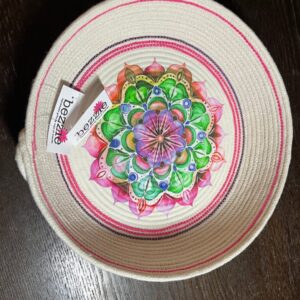 Handmade Ivory Rope Bowl Basket Pink Purple Green Floral Design for Remotes Makeup Keys Toys Dog Leash