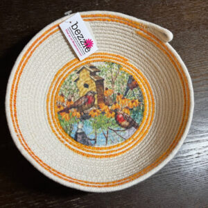 Handmade Ivory Rope Bowl Basket Nature Bird Scene for Keys Makeup Wallets Toys Jewelry