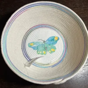 Handmade Ivory Rope Bowl/Basket Blue Butterfly 9″x2.75″ Perfect for Makeup Keys Jewelry Remotes Toys