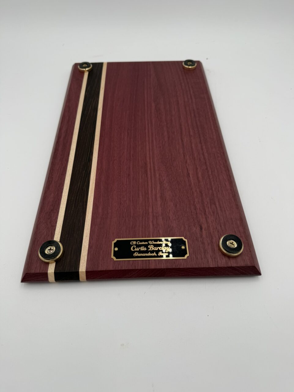 Shop Iowa Exotic Wood Cutting Board, Purple Heart Wenge Maple, Juice Groove, Brass Feet, 16.75x10x.75, Handmade, Food Safe Exotic Wood Cutting Board, Purple Heart Wenge Maple, Juice Groove, Brass Feet, 16.75x10x.75, Handmade, Food Safe