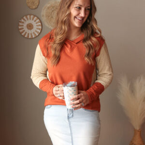 Chestnut & Beige Patchwork Colorblock V-Neck Hoodie – Cozy Spring Transition Top