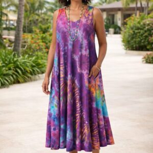 Tie Dye Sleeveless Long Dress w/Pockets – Purple