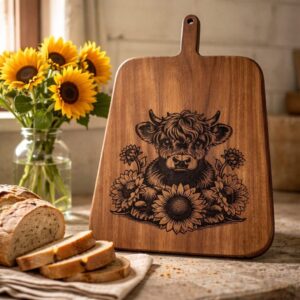 Walnut Charcuterie Board, Wood Burned Cow and Daisies, Handmade Serving Board, Unique Cheese Platter, High Quality