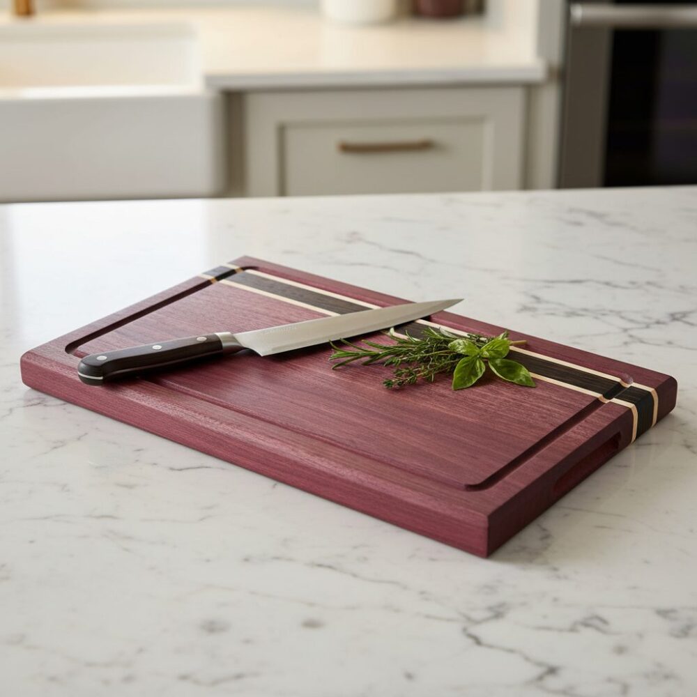 Shop Iowa Exotic Wood Cutting Board, Purple Heart Wenge Maple, Juice Groove, Brass Feet, 16.75x10x.75, Handmade, Food Safe Exotic Wood Cutting Board, Purple Heart Wenge Maple, Juice Groove, Brass Feet, 16.75x10x.75, Handmade, Food Safe