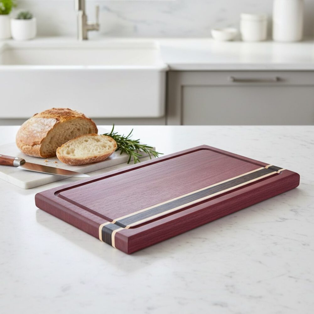 Shop Iowa Exotic Wood Cutting Board, Purple Heart Wenge Maple, Juice Groove, Brass Feet, 16.75x10x.75, Handmade, Food Safe Exotic Wood Cutting Board, Purple Heart Wenge Maple, Juice Groove, Brass Feet, 16.75x10x.75, Handmade, Food Safe