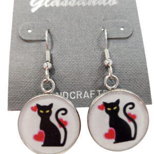 Black cat earrings with hearts