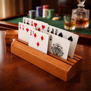 Handcrafted Wooden Playing Card Holder rack, 4-7 slot organizer, tabletop game accessory, bridge and poker aid, smooth sanded finish