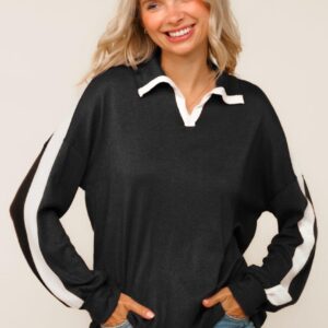 Shop Iowa Black Loose Fit Hacci Knit Top with Notched Collar Black Loose Fit Hacci Knit Top with Notched Collar