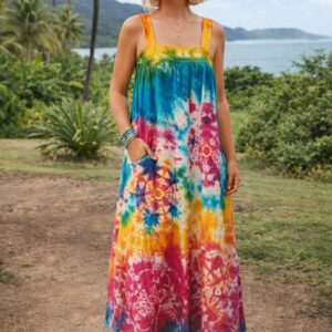 Tie Dye Square Neck Sleeveless Cotton Dress