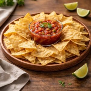 Handmade Round Oak Appetizer Tray with Bowl, 17.75 x 1.25 in, functional serving platter, chips salsa veggie server
